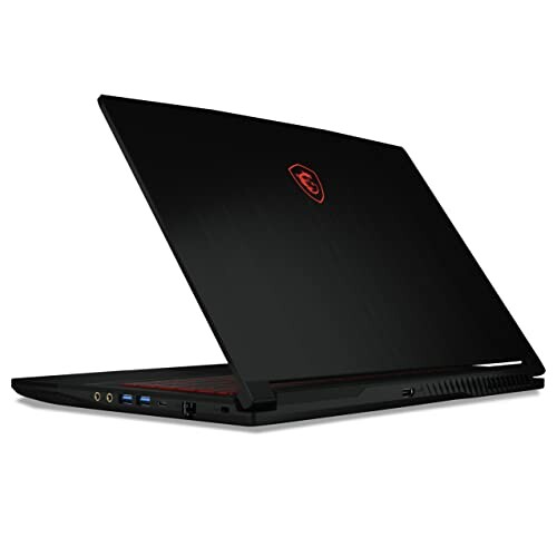 Sleek black gaming laptop with red logo on the lid.