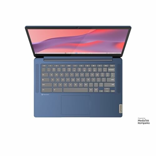 Top view of a blue laptop with a visible keyboard and screen.