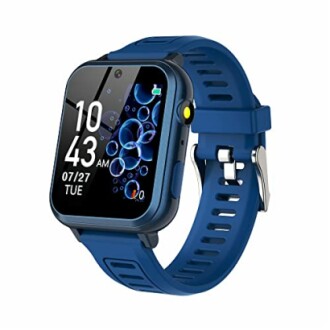 Blue smartwatch with digital display and blue strap.