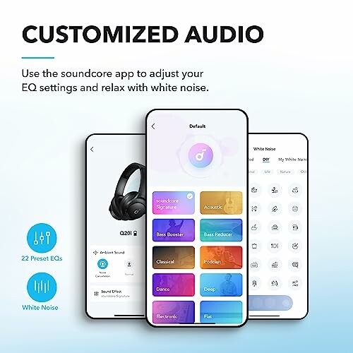 Customized audio settings interface with soundcore app and headphones.