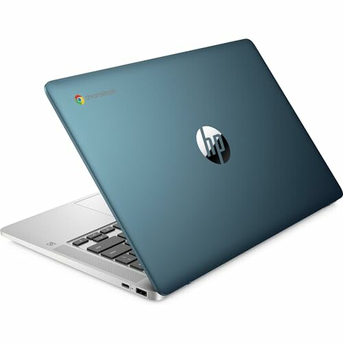 HP Chromebook laptop with teal cover