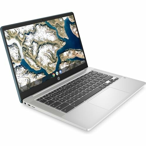 HP Chromebook in silver, side view with open screen displaying a map.