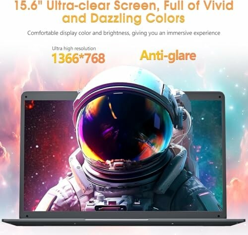 Laptop with ultra-clear screen and vivid colors displaying astronaut.