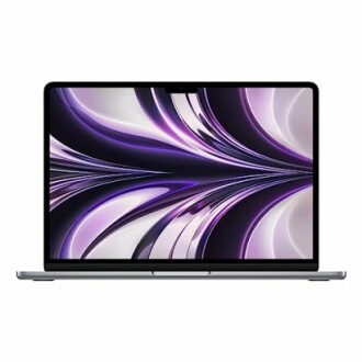 Laptop displaying an abstract purple and white design on screen