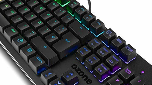 Close-up of Ozone gaming keyboard with RGB lighting