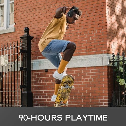 Person skateboarding with headphones, 90-hours playtime