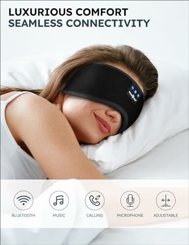 Woman wearing sleep mask with built-in headphones