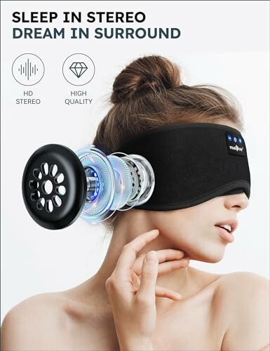 Woman wearing sleep headphones mask with HD stereo sound