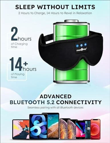 Bluetooth sleep mask with charging and playtime details